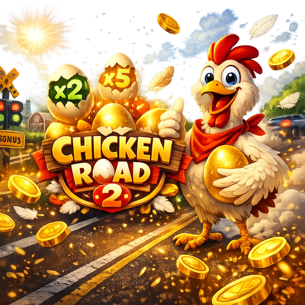 Bright and dynamic promo image for Chicken Road slot game featuring a funny chicken, road lanes, eggs, and coins.