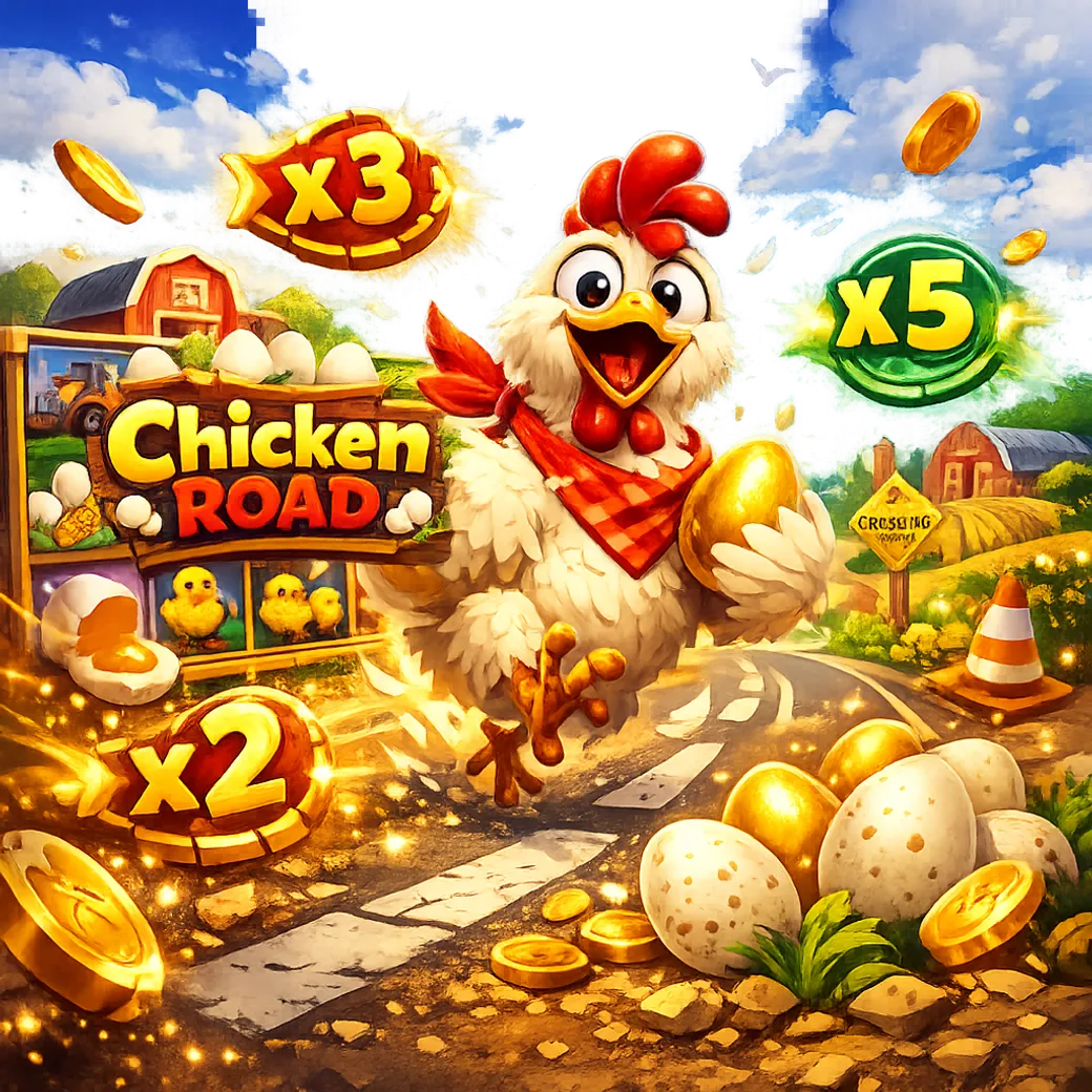 A colorful promo image depicting a cartoon chicken on a road with coins, glowing multipliers, and playful crash-game energy.