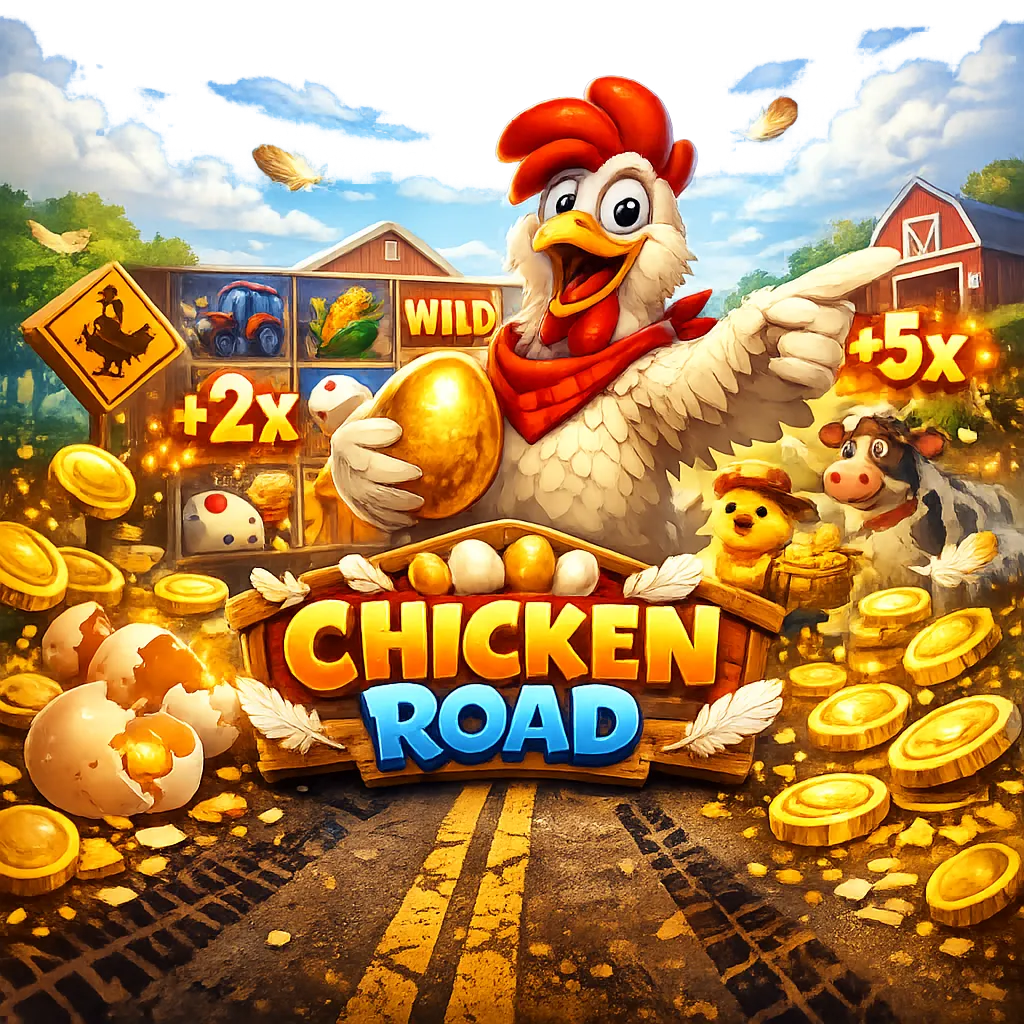 Promotional image for Chicken Road slot game featuring a funny chicken, road lanes, eggs, and coins with dynamic, bright ener