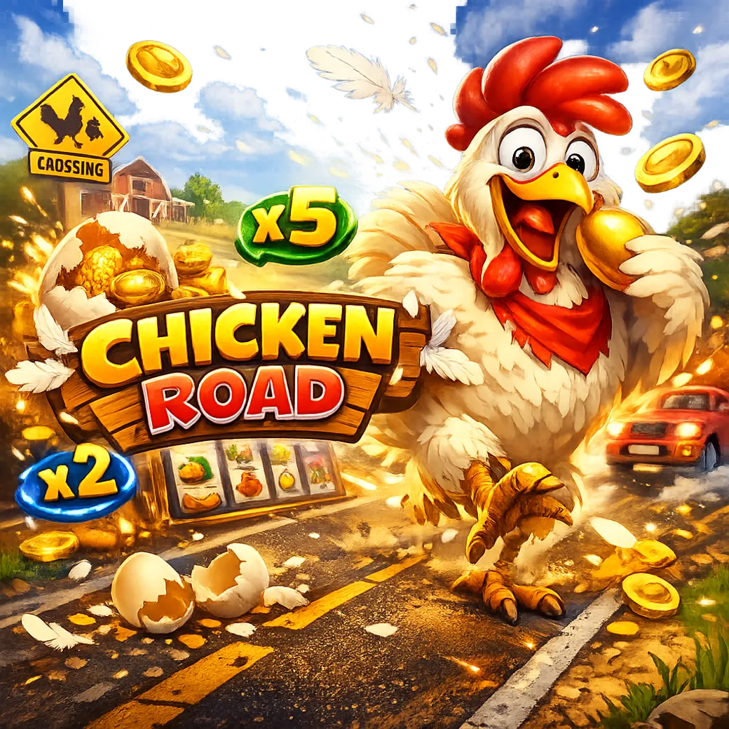Bright and dynamic promotional image for Chicken Road slot featuring playful chicken theme with road lanes, eggs, feathers, a